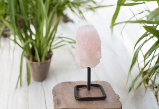 Ruw brok rozekwarts op metalen standaard